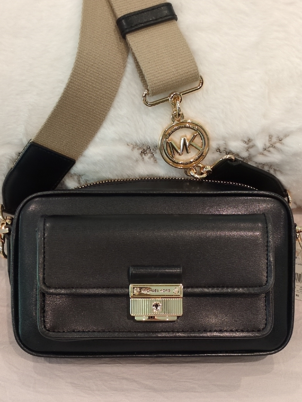 Michael Kors Black Leather Crossbody with Beige Web Strap and Gold Hardware